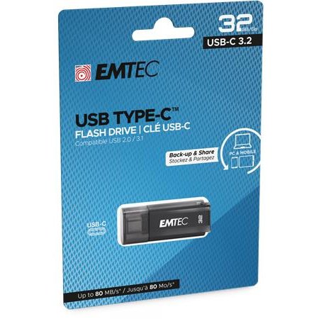 USB kľúč, 32GB, USB-C 3.2, EMTEC "D400 Type-C", čierna