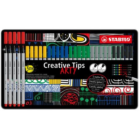 Liner, sada, v kovovej krabičke, STABILO "Creative Tips ARTY", 6 rôznych farieb, 5 rôznych hrúbok