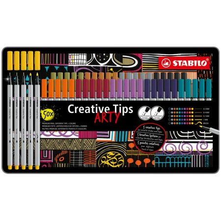 Liner, sada, kovová krabička, STABILO "Creative Tips ARTY", 10 rôznych farieb, 5 rôznych hrúbok