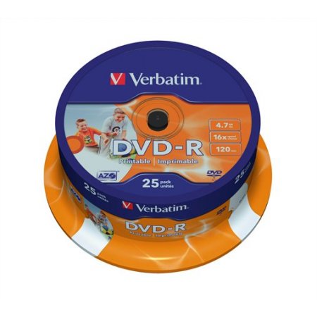 DVD-R disk, potlačiteľný, matný, ID, 4,7GB, 16x, 25 ks, cake box, VERBATIM