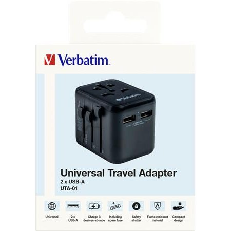 Cestovný adaptér, univerzálny, 2xUSB, VERBATIM "UTA-01"