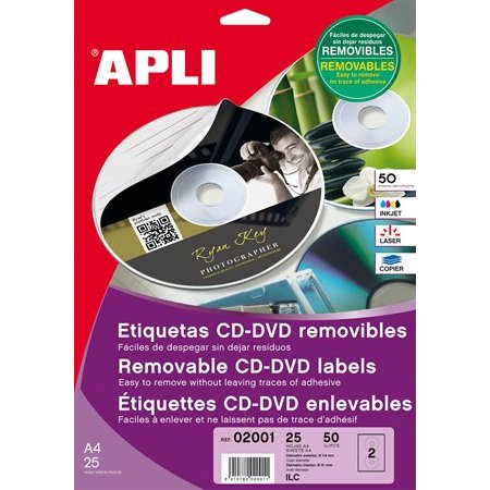 Etikety, na CD/DVD, A4, matné, odstrániteľné, APLI