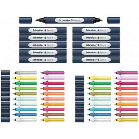 Popisovač, obojstranný, 52-kusová sada, SCHNEIDER „Paint-It 040 Twin marker Set 1”, 20 rôznych farieb