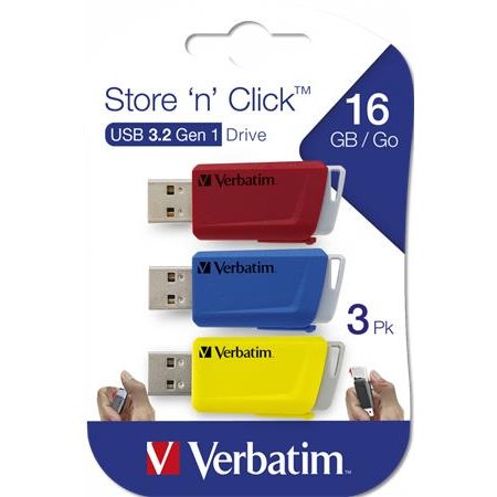 USB kľúč, 3 x 16GB, USB 3.2, 80/25MB/sec, VERBATIM "Store n Click", červená/modrá/žltá