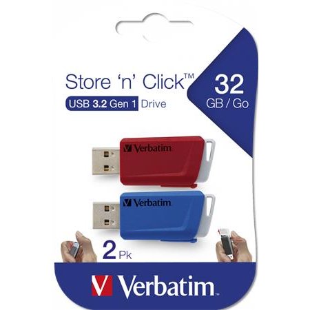 USB kľúč, 2 x 32GB, USB 3.2, 80/25MB/sec, VERBATIM "Store n Click", červená/modrá