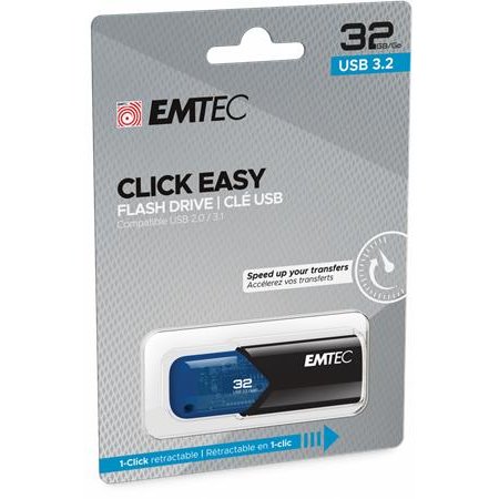 USB kľúč, 32GB, USB 3.2, EMTEC "B110 Click Easy", čierna-modrá