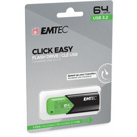 USB kľúč, 64GB, USB 3.2, EMTEC "B110 Click Easy", čierna-zelená