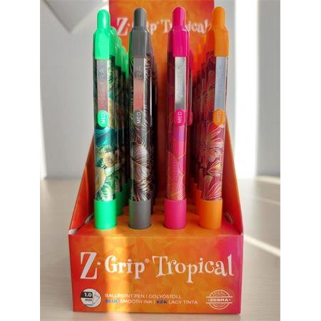 Guľôčkové pero, displej, 0,27 mm, stláčací mechanizmus, ZEBRA "Z-Grip Tropical", kék, 4 rôzne vzory