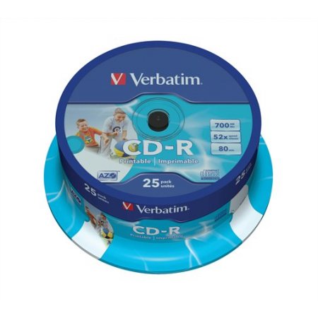 CD-R disk, potlačiteľný, matný, ID, AZO, 700MB, 52x, 25 ks, cake box, VERBATIM