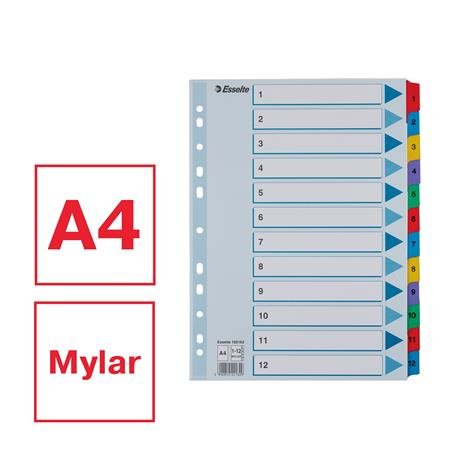 Register, kartón, A4, 1-12, ESSELTE "Mylar"