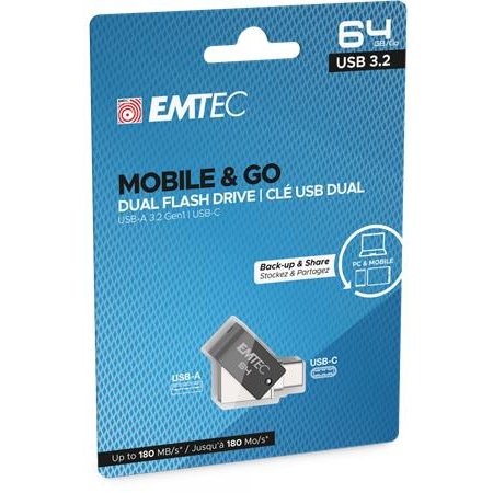 USB kľúč, 64 GB, USB 3.2, vstup USB-A / výstup USB-C, EMTEC „T260C Dual“