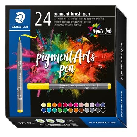 Fixka v tvare štetca, sada, STAEDTLER "Pigment brush 371", 24 rôznych farieb