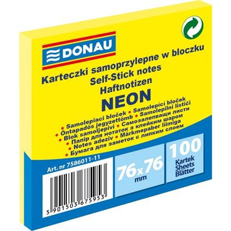 Samolepiaci poznámkový blok, 76x76 mm, 100 listov, DONAU, neónovo žltá