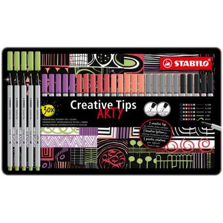 Liner, sada, v kovovej krabičke, STABILO "Creative Tips ARTY", 6 rôznych pastelových farieb, 5 rôznych hrúbok