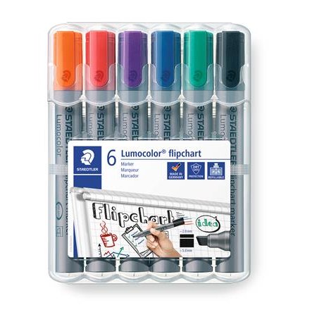 Popisovač na flipchartové tabule, 2-5 mm, zrezaný, STAEDTLER "Lumocolor 356 B", 6 rôznych farieb