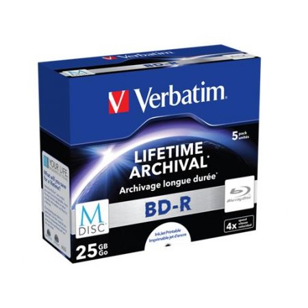 BD-R BluRay disk, archivačný, potlačiteľný, M-DISC, 25GB, 4x, 1 ks, klasický obal, VERBATIM