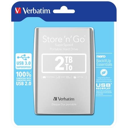 2,5" HDD (pevný disk), 2TB, USB 3.0, VERBATIM, strieborná