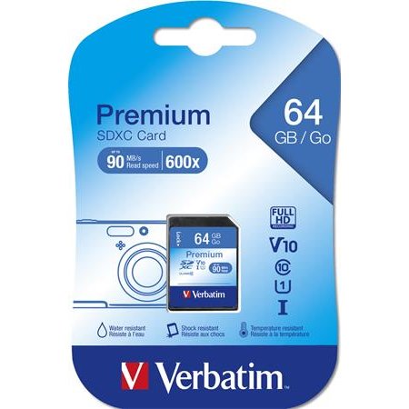 Pamäťová karta, SDXC, 64GB, CL10/U1, 90/10 MB/s, VERBATIM "Premium"