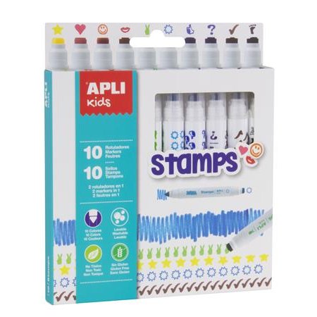 Fixky, sada, na pečiatkovanie, APLI Kids "Markers Duo Stamps", 10 rôznych farieb a motívov