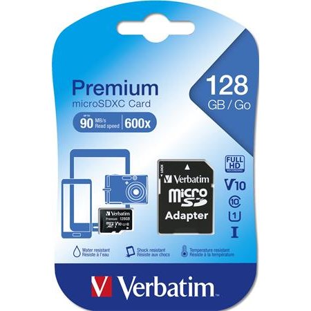 Pamäťová karta, microSDXC, 128GB, CL10/U1, 90/10 MB/s, s adaptérom, VERBATIM "Premium"