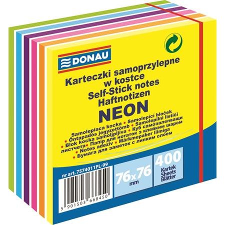 Samolepiaci bloček, 76x76mm, 400 listov, DONAU, biele a neónové farby