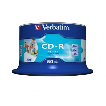 CD-R disk, potlačiteľný, matný, no-ID, AZO, 700MB, 52x, 50 ks, cake box, VERBATIM