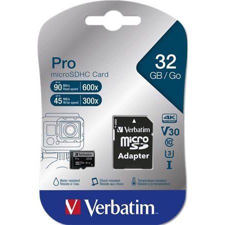 Pamäťová karta, microSDHC, 32 GB, CL10/U3, 90/45 MB/s, s adaptérom, VERBATIM "PRO"