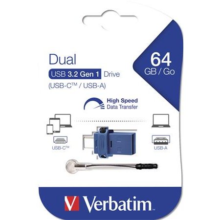 USB kľúč, 64GB, USB 3.2+USB-C adapter, VERBATIM "Dual"