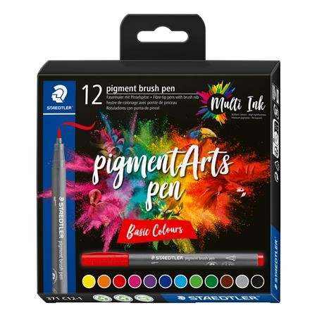 Fixka v tvare štetca, sada, STAEDTLER "Pigment brush 371", 12 rôznych základných farieb