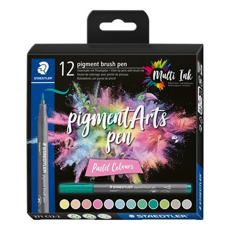 Fixka v tvare štetca, sada, STAEDTLER "Pigment brush 371", 12 rôznych pastelových farieb