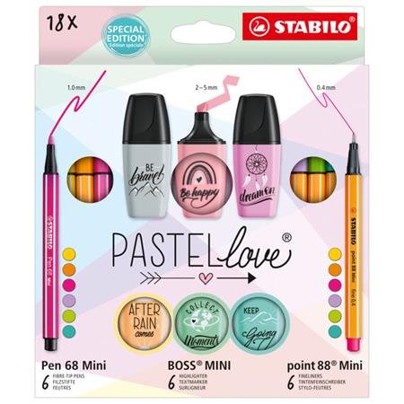 Sada písacích potrieb, STABILO, "Mini World Pastellove", 18 rôznych farieb