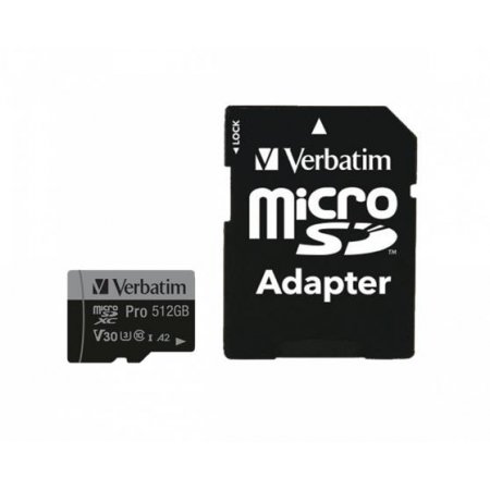 Pamäťová karta, microSDXC, 512 GB, CL10/U3/A2, 100/90 MB/s, s adaptérom, VERBATIM "PRO"