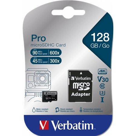 Pamäťová karta, microSDXC, 128 GB, CL10/U3, 90/45 MB/s, s adaptérom, VERBATIM "PRO"