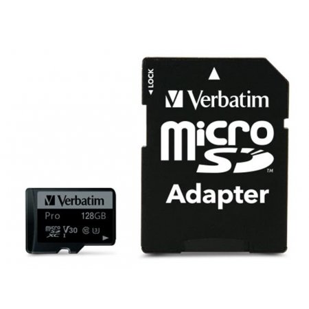 Pamäťová karta, microSDXC, 128 GB, CL10/U3, 90/45 MB/s, s adaptérom, VERBATIM "PRO"