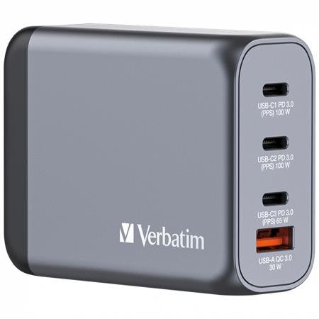 Sieťová nabíjačka, 2xUSB-C PD (100W), USB-C PD (65W), USB-A QC 3.0, EU/UK/US, GaN, VERBATIM