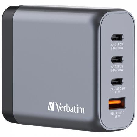 Sieťová nabíjačka, 2xUSB-C PD (140W), USB-C PD (20W), USB-A QC 3.0, EU/UK/US, GaN, VERBATIM