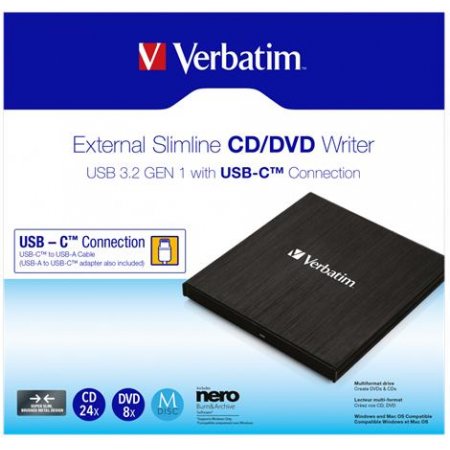 CD/DVD napaľovačka, tenká, kovové puzdro, USB 3.2 - USB-C, VERBATIM