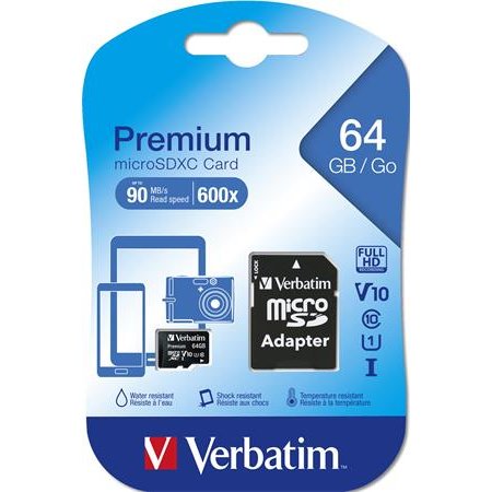 Pamäťová karta, microSDXC, 64GB, CL10/U1, 90/10 MB/s, s adaptérom, VERBATIM "Premium"