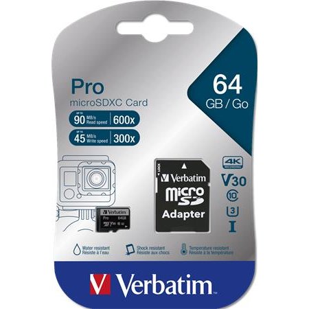 Pamäťová karta, microSDXC, 64 GB, CL10/U3, 90/45 MB/s, s adaptérom, VERBATIM "PRO"