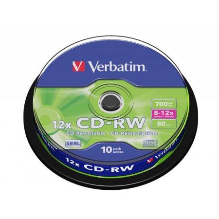 CD-RW disk, prepisovateľný, SERL, 700MB, 8-10x, 10 ks, cake box, VERBATIM