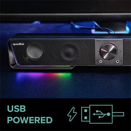 Reproduktor, 12W, 2x3.5 mm jack + USB-A, SPEEDLINK "GRAVITY RGB Stereo Soundbar", čierna