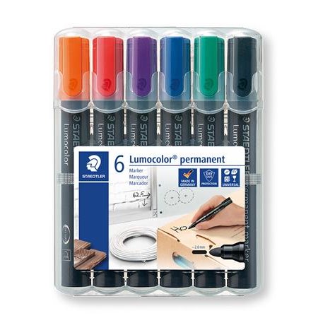 Permanentný popisovač, sada, 2 mm, kužeľový hrot, STAEDTLER "Lumocolor® 352", 6 rôznych farieb