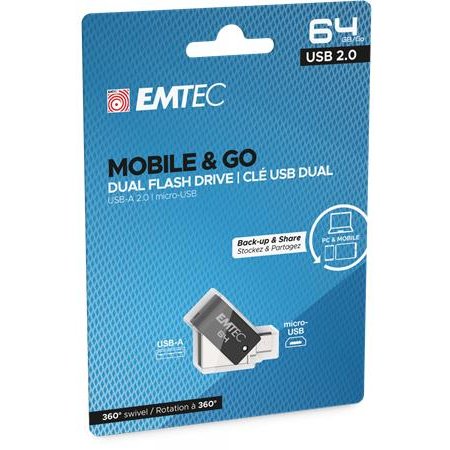 USB kľúč, 64GB, USB 2.0, USB-A/microUSB, EMTEC "T260B Mobile&Go"