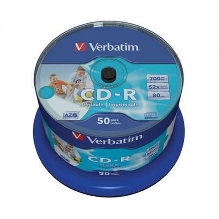 CD-R disk, potlačiteľný, matný, no-ID, AZO, 700MB, 52x, 50 ks, cake box, VERBATIM