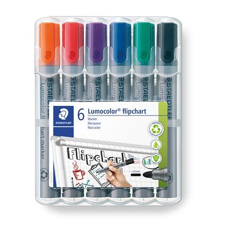 Popisovač na flipchartové tabule, 2 mm, kužeľový hrot, STAEDTLER "Lumocolor 356", 6 rôznych farieb