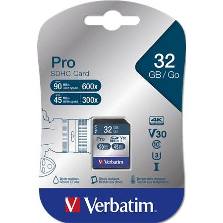 Pamäťová karta, SDHC, 32 GB, CL10/U3, 90/45MB/sec, VERBATIM "PRO"