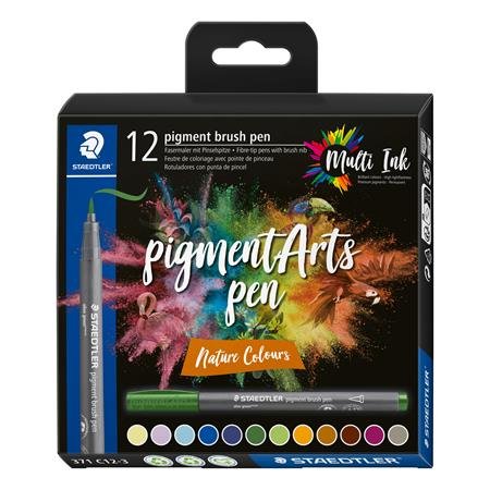 Fixka v tvare štetca, sada, STAEDTLER "Pigment brush 371", 12 rôznych prírodných farieb