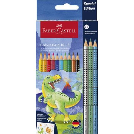 Farebné ceruzky, sada, trojhranné, FABER-CASTELL "Grip Dinosaurus" 10+3 rôznych farieb