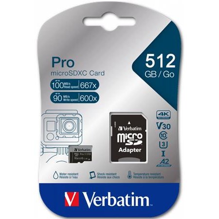 Pamäťová karta, microSDXC, 512 GB, CL10/U3/A2, 100/90 MB/s, s adaptérom, VERBATIM "PRO"