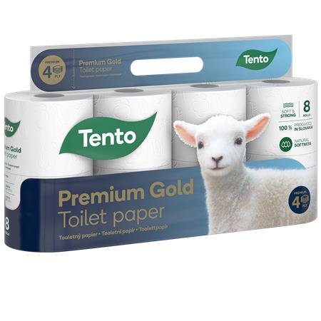 Toaletný papier, 4-vrstvový, malý kotúč, 8 kotúčov, TENTO "Premium Gold", biela